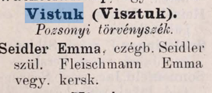 Záznam z uhorských „Zlatých stránok“ z roku 1887, kde je Emma Seidler rodená Fleischmann uvedená ako vlastníčka obchodu so zmiešaným tovarom. Zdroj: library.hungaricana.hu