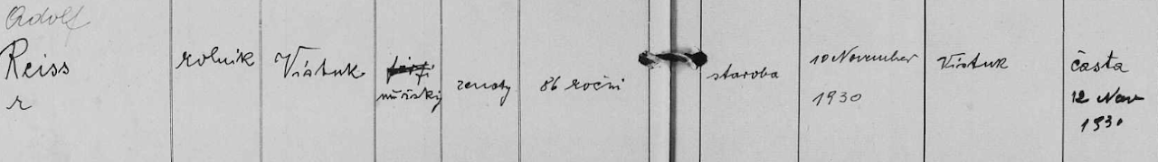 Záznam o smrti Adolfa Reisza z Vištuka, zomrel 10.11.1930 na starobu, pochovaný bol 12.11.1930 v Častej.