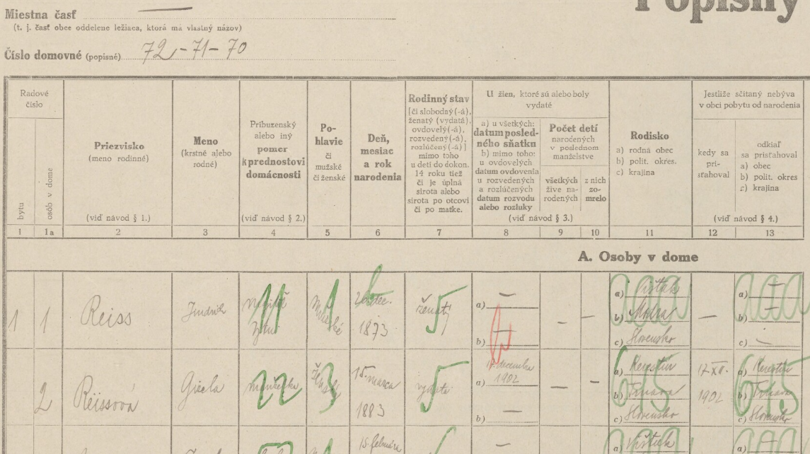 Sčítací hárok z roku 1930, domy č. 70–72 (dnes starý obecný úrad a vedľajší pozemok domy č. 353–355) vo Vištuku, kde žila rodina Reiszovcov spolu s podnájomníkmi — rodinami Miklášovcov a Ochabovcov. Zdroj: slovakiana.sk, Štátny archív v Bratislave, fond Sčítanie ľudu 1930.