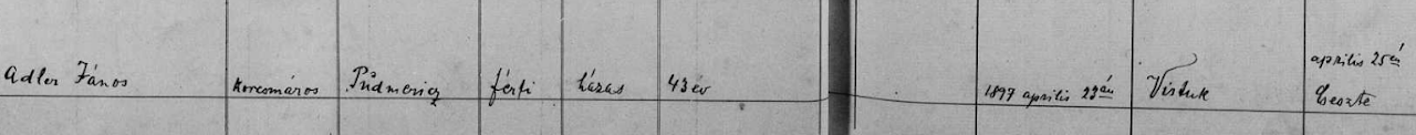 Záznam o smrti Johana Adlera z roku 1897 zo židovskej matriky. Johan zomrel pomerne mladý, vo veku 43 rokov.