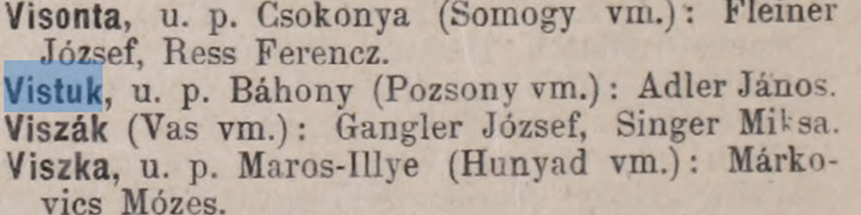 Záznam z uhorských „Zlatých stránok“ z roku 1892, kde je János Adler uvedený medzi krčmármi. Zdroj: library.hungaricana.hu