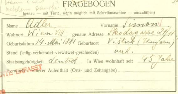 Žiadosť o emigráciu Simona Adlera s rodinou do Rakúska z približne roku 1926. Dokument uvádza jeho vištucký pôvod a viedenskú adresu Strogasse 27/11, kde žil už 15 rokov.