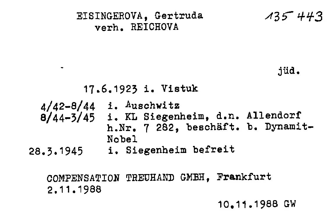 Záznam o väznení a oslobodení Gertrudy Eisingerovej z Vištuka, ktorá prežila Osvienčim a Siegenheim. Zdroj: yadvashem.org.